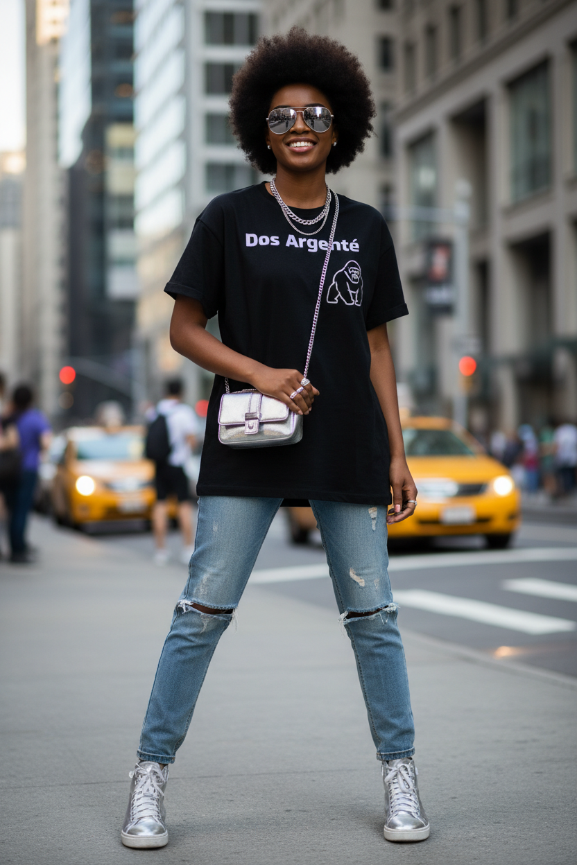 Femme portant t-shirt noir Dos Argenté