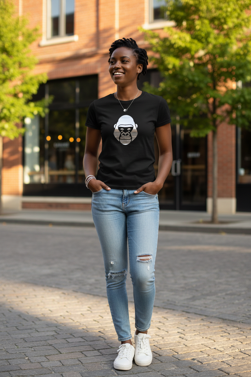 Femme t-shirt noir gorille Dos Argenté