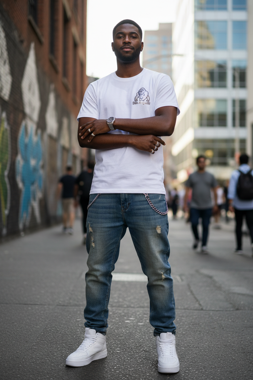 Homme portant t-shirt blanc Dos Argenté