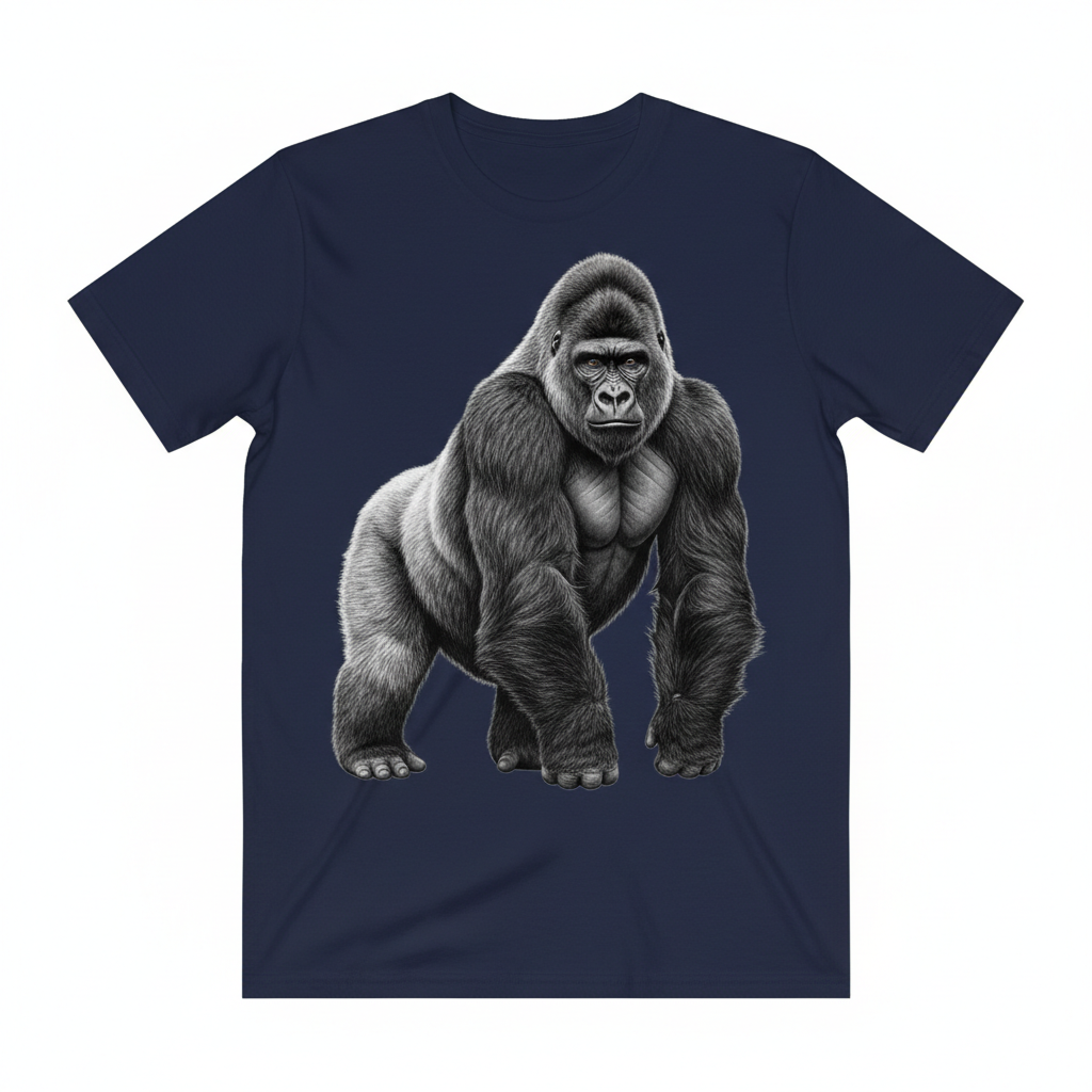 T-shirt bleu marine avec gorille dos argenté - face avant