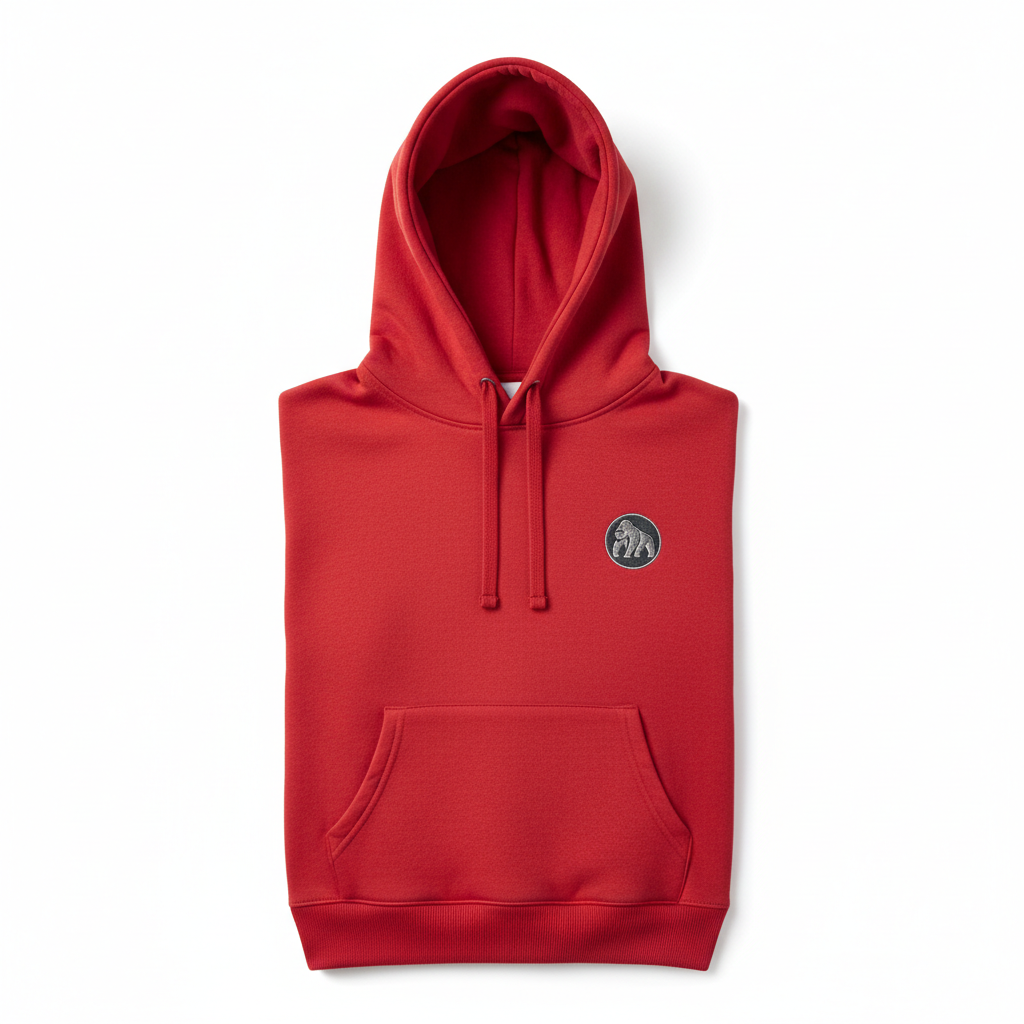 Hoodie rouge avec logo gorille dos argenté